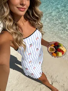 Blue Striped Cherry Bow Print Sleeveless Nightdress, Wave Hem Trim, Casual Fitted Sleepwear for All Seasons