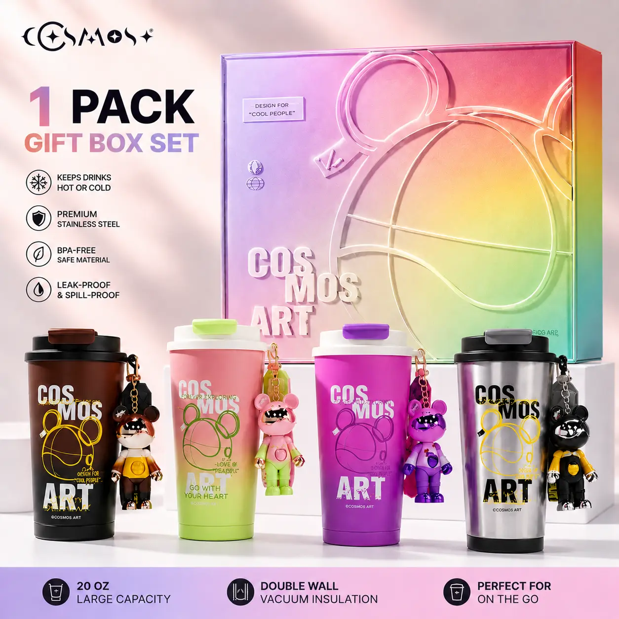COSMOS BEAR 500ml Thermal Tumbler Mug - Stainless Steel Vacuum Insulated Drinkware Vacuum Flask, Portable Leakproof Beverage Mug, with Cute Bear Keychain, for Office, Car