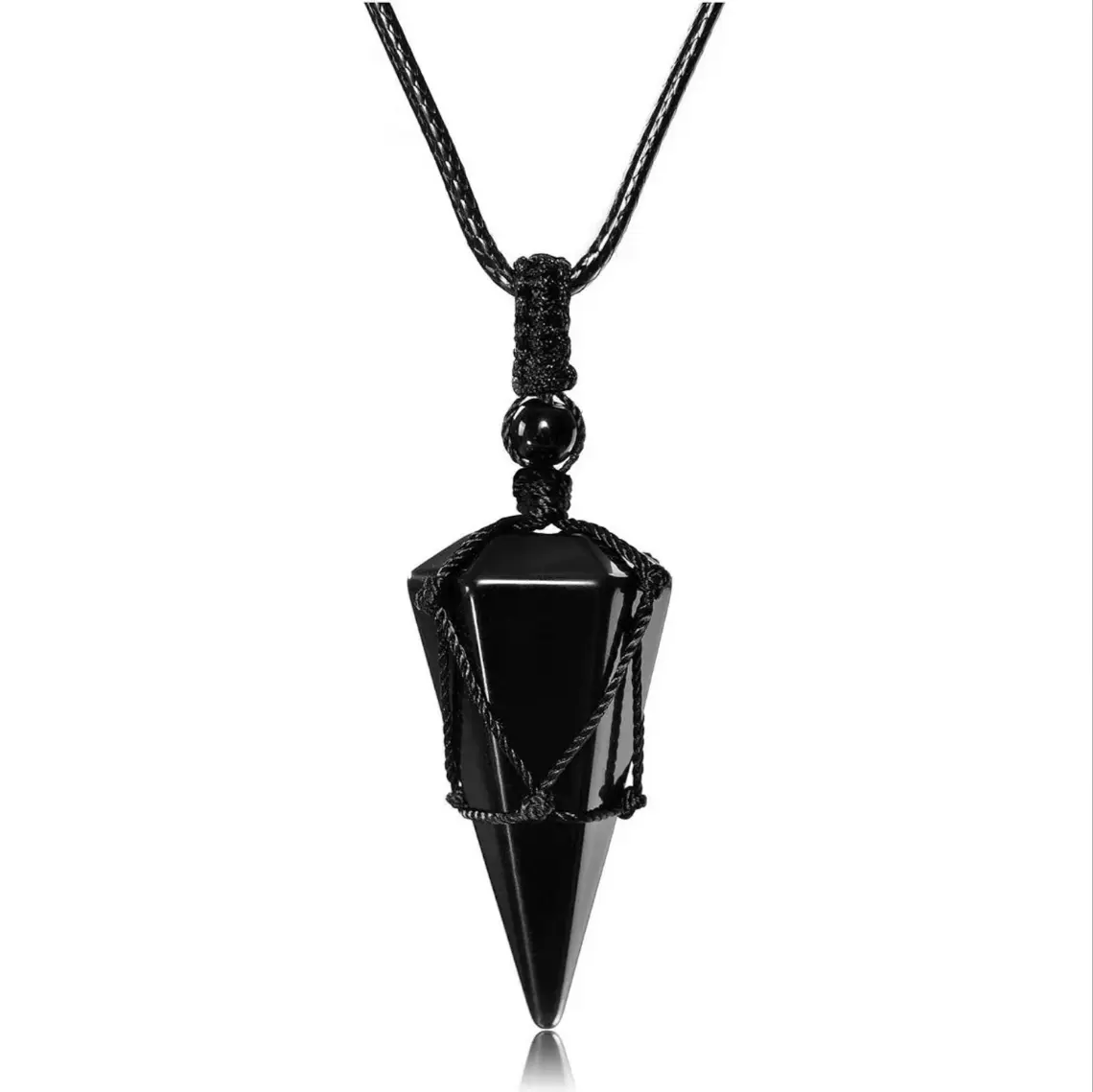 Black Obsidian Necklace with Hexagonal Crystal Pendulum, Unisex Gothic Talisman, Dark Aesthetic Jewelry on an Adjustable Rope, Daily Wear, Geometric, Hand-Woven