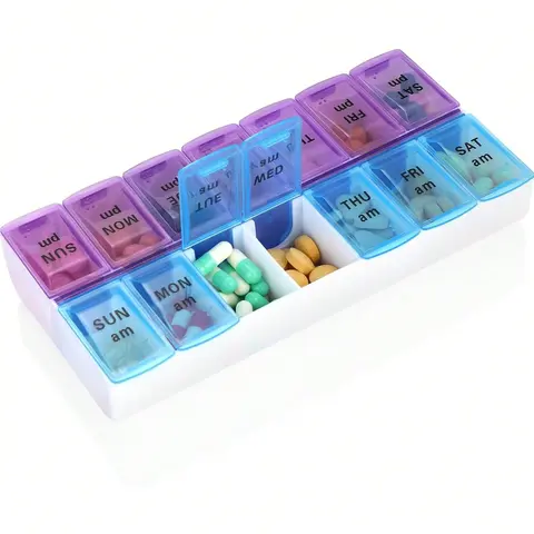 Durable 7-Day Weekly Lidded Rectangular Medicine Organizer - 1pc Blue+Purple Plastic Pill Container with Multiple Slots, 2-Times-A-Day Travel-Ready Medical Supplement Holder