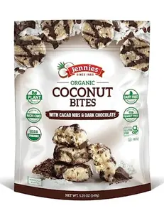Jennies Organic Coconut Bites with Cacao Nibs and Dark Chocolate, 5.25oz | Gluten Free | Peanut Free | Dairy Free | Non GMO