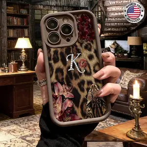 Stylish Leopard Floral Monogram Pattern Aesthetic Design Case for iPhone 17 16 15 14 Pro Max 13 12 11 XR XS Plus Air Slim Lightweight Shockproof Anti Drop Protective Durable TPU Cover