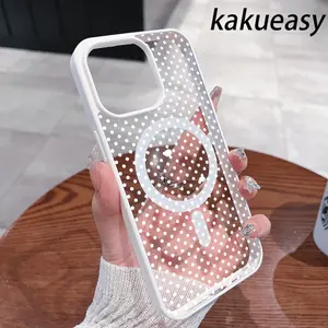Fashion transparent cute white dot pattern magnetic girl phone case suitable for iPhone 16ProMax/16Plus/16Pro/16, iPhone 15/14/13/12/11 wireless charging shockproof lens protection Magsafe phone case, gift, party banquet party phone case