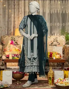 Junaid Jamshed 3 Piece Stitched Cotton Silk Embroidered Dress with Pearls & Chiffon Dupatta for All Seasons Elegant Wear
