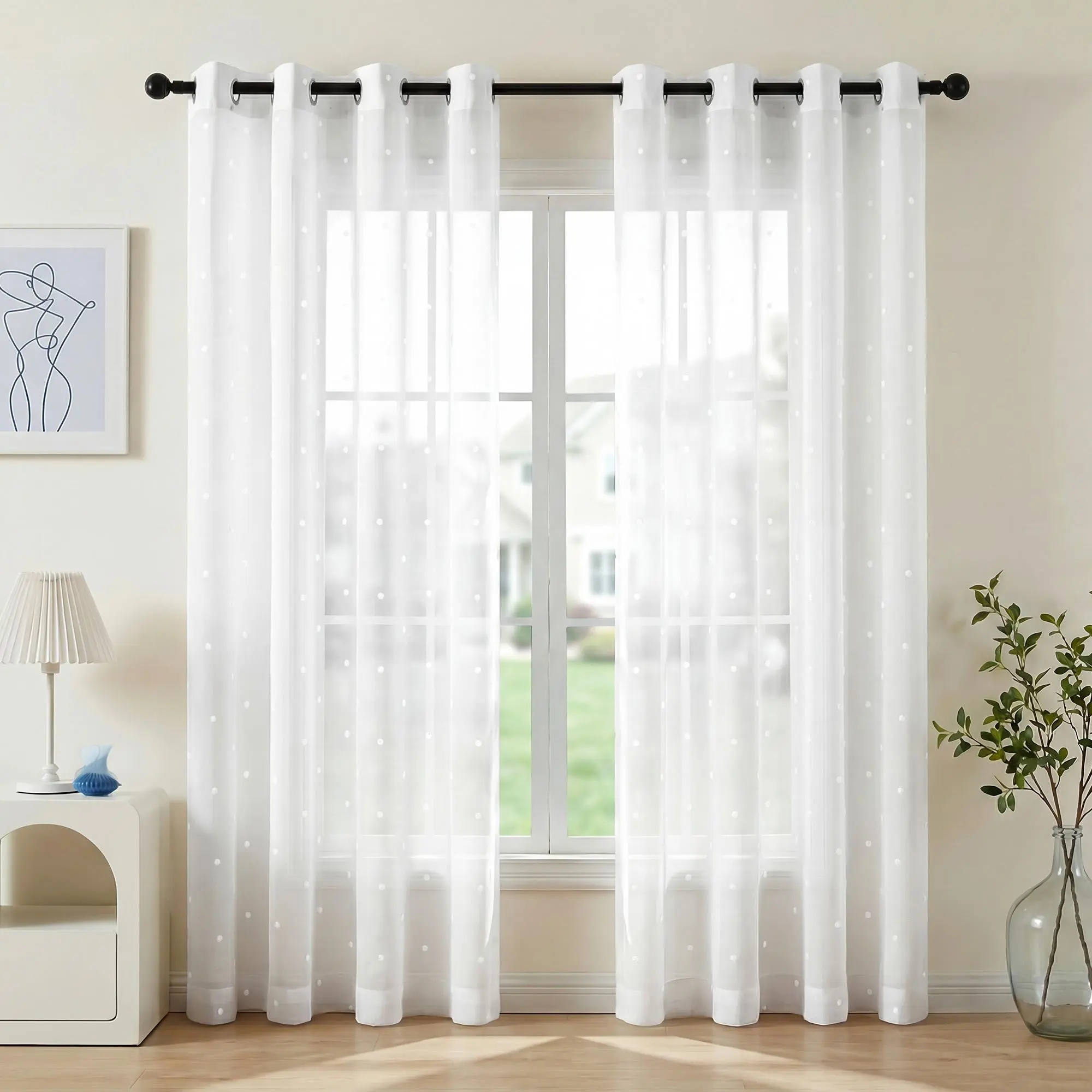 Cotton Sheer Curtains with Embroidered Dots | White Ring Top