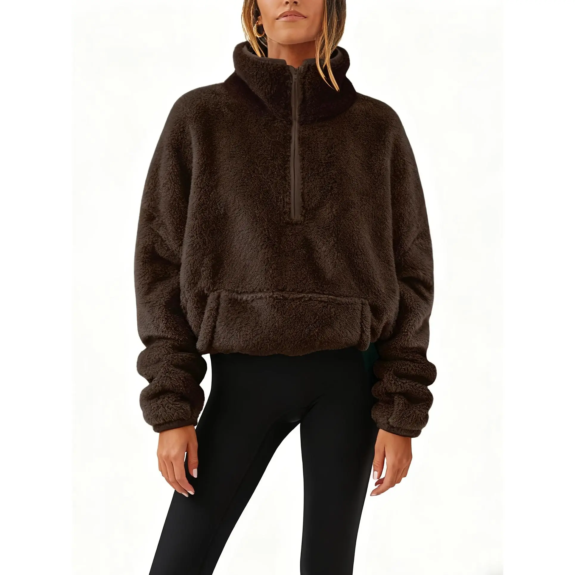 Women's Solid Cropped Half-Zip Elastane Fleece Sherpa Pullover Jacket - Fuzzy Warm, Breathable Casual Coat with Zipper Pockets, Basic Fashion Top, Coats, Lady, Outerwear, Clothes