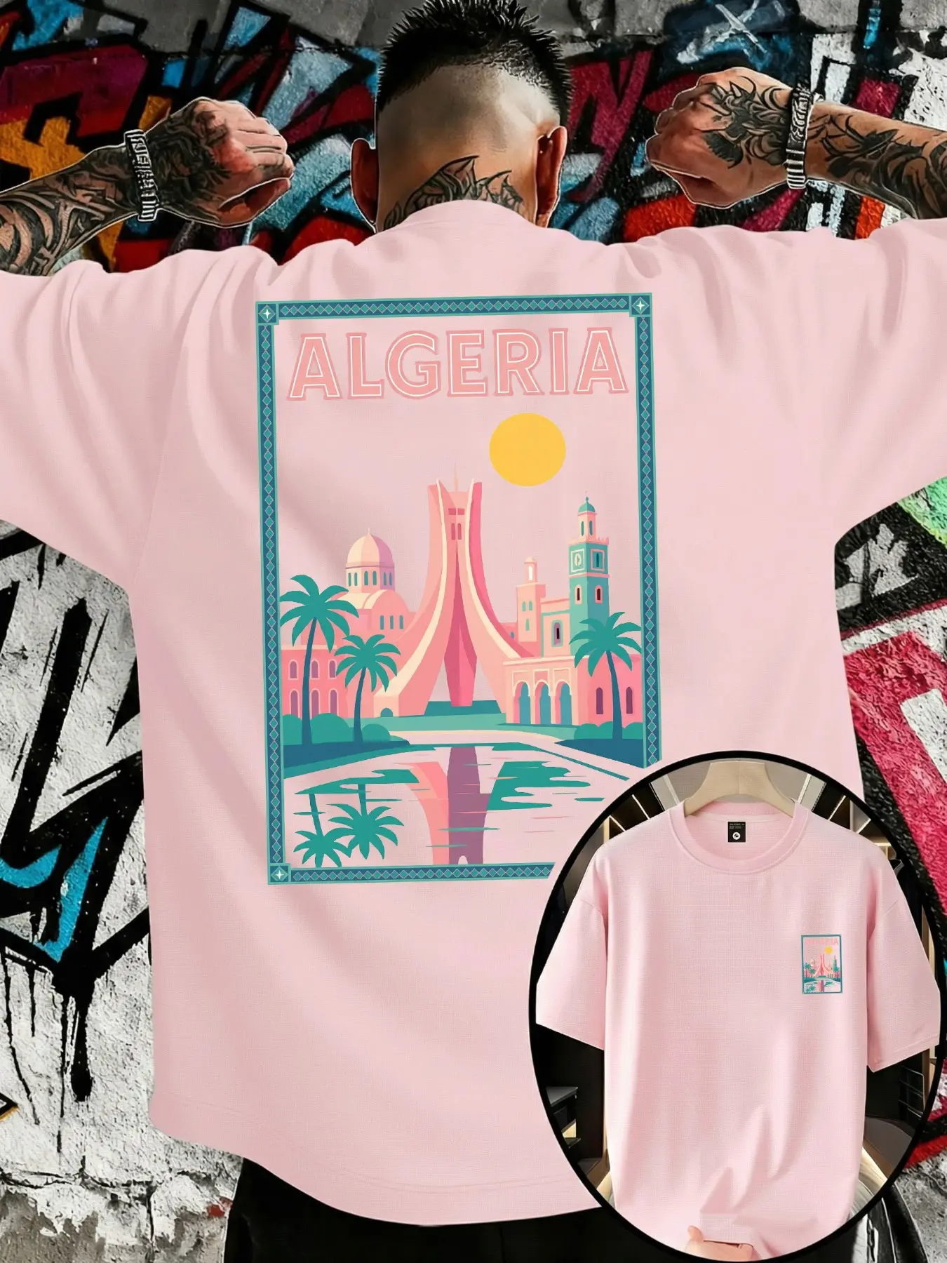 Algeria Landmark Print T-Shirt, Macaron Style, Unisex Oversized Half Sleeve Round Neck, Cultural Souvenir, Casual All-Season Top, Streetwear, Casual Tee Shirt
