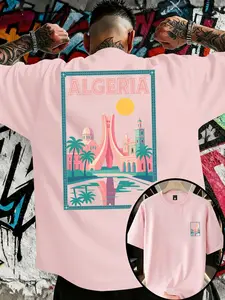 Algeria Landmark Print T-Shirt, Macaron Style, Unisex Oversized Half Sleeve, Cultural Souvenir, Casual All-Season Top, Streetwear