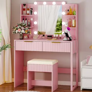 Lighted Makeup Vanity, Pink Vanity Table Set with 2 Drawer and Charging Station, Femal Gift