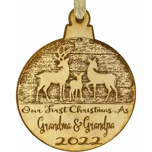 Grandma and Grandpa's First Christmas Christmas Ornament (2022) - New Born Reindeer Design- Year and New Grandparents Engraved Baby First Christmas Gift Baby Shower Holiday Wood