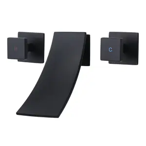 WOWOW Vanity Vessel Faucet, Wall Mount Brass Wash Basin Faucet for Bathroom Sink, Waterfall 3 Holes Modern Faucet with Dual Handles, Matte Black