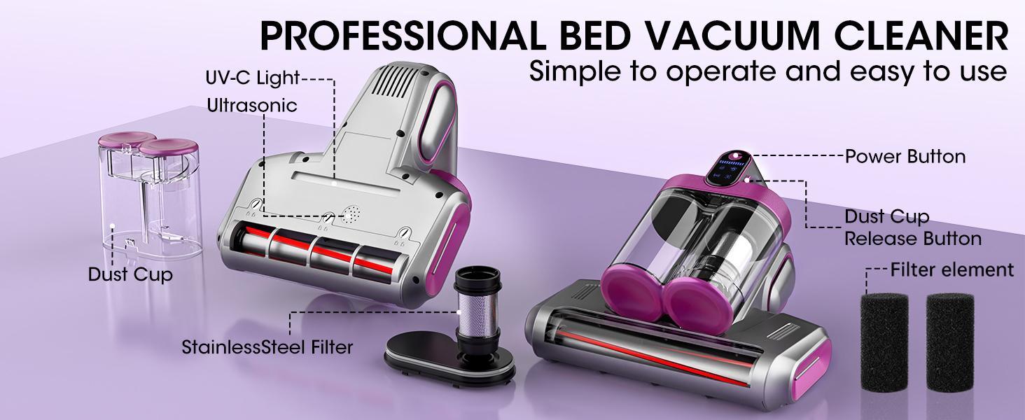 Cordless Handheld Vacuum Cleaner, 13kPa High-Suction Wet-Dry Vacuum with Dual-Cup Anti-Mite Design, 253.7nm UV Light, 80000rpm Ultrasonic Tech, 4-in-1 Multi-Functional for Home, Car, Pet Hair Cleaning (Mattress-Focused)