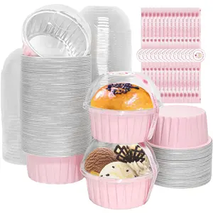 100 Pcs Aluminum Foil Baking Cups with Lids,Disposable Ramekin Cupcake Liners,Reusable Mini Muffin Case Dessert Containers for Birthday Wedding Party