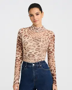Express Ruched Mesh Leopard Print Mock Neck Long Sleeve Bodysuit