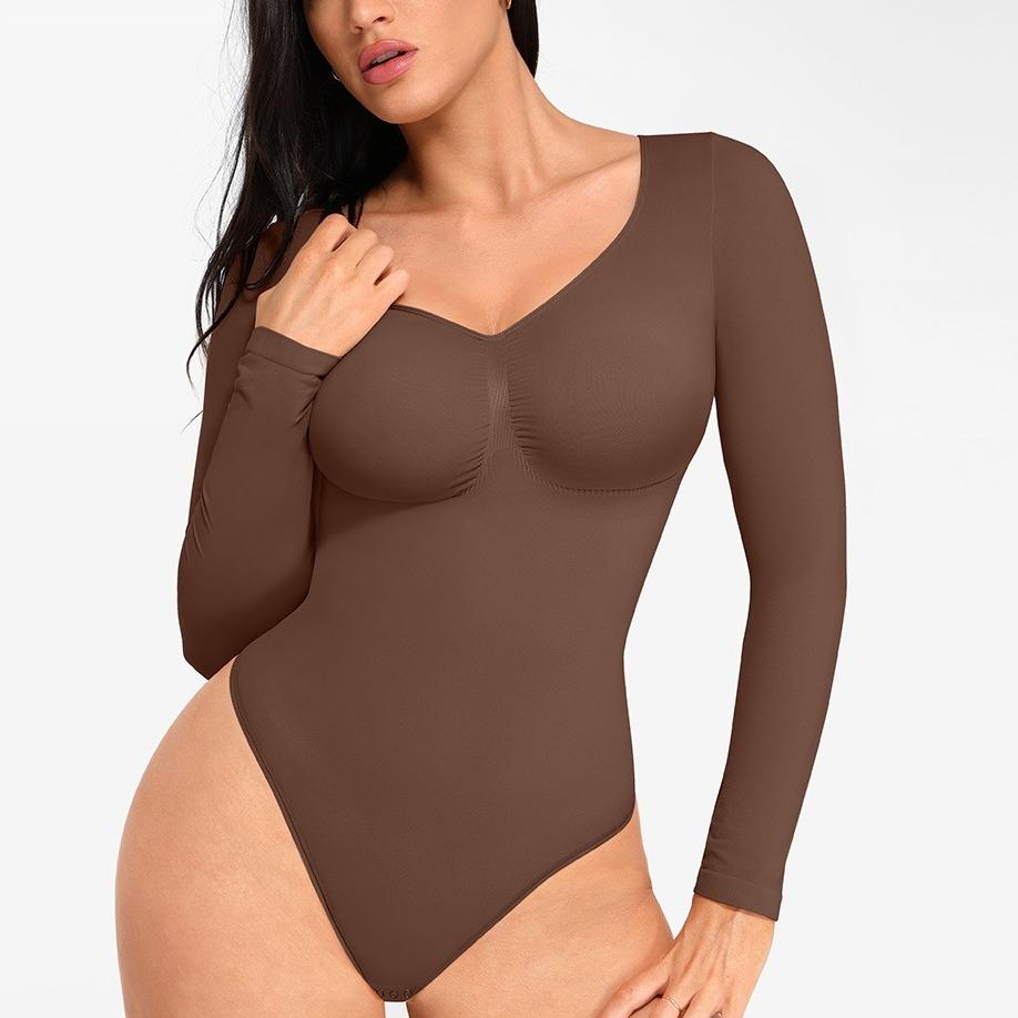 FeelinGirl Womenswear Seamless Long Sleeve Thong Bodysuit for Tummy Control V Neck Going Out Fabric Comfortable Springto
