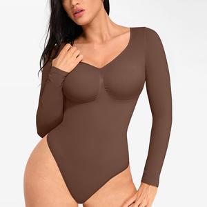 FeelinGirl Womenswear Seamless Long Sleeve Thong Bodysuit V Neck Going Out Fabric Comfortable Casual Breathable