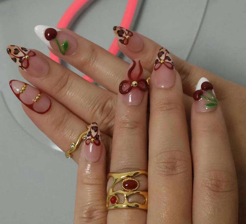 Press On Nails Wild Cherry Leopard | 3D Bow & Cherry Accents in Medium Almond | Handmade Bold Nail Art Damontaerichmond