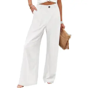 Womens Cotton Linen Pants Casual Button Up High Waisted Wide Leg Trousers