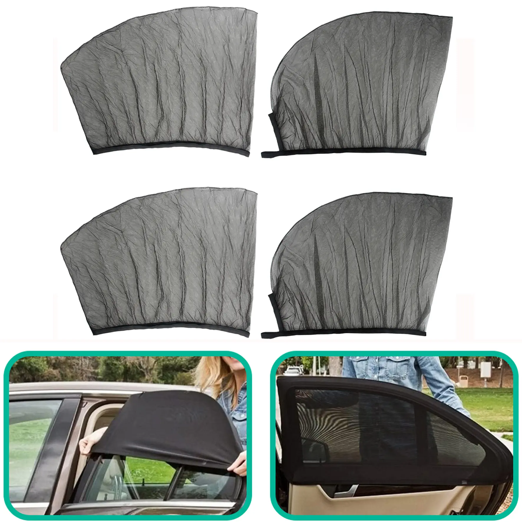 4PCS Elastic Stretch Car Window Mosquito Net, Breathable Mesh Sun Shade Curtain Anti-UV Privacy Window Screen Easy Install for Most SUV Camping Travel