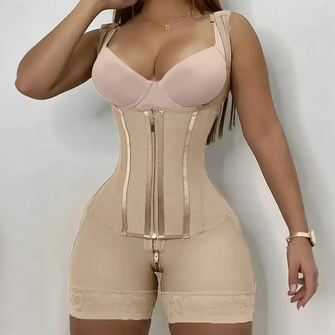Women's Retro Tummy Control Shapewear Romper - Solid Corset Style, Body Contouring Compression, Front Zipper, Adjustable Straps for Wedding Events
