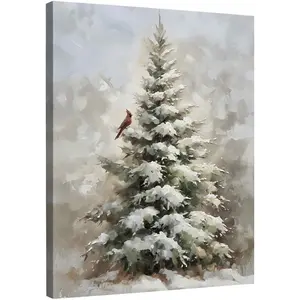 Vintage Winter Pine Tree and Cardinal Canvas Wall Art – Rustic Snowy Christmas Tree Painting, Woodland Holiday Decor for Bedroom or Living Room, Framed