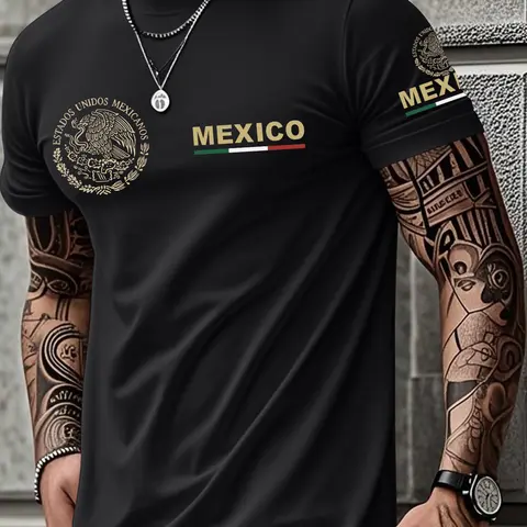 Men's Mexico Graphic Short Sleeve T-Shirt, Cotton Blend Stretch Crew Neck Tee with Mexico Letter and Emblem Print, Regular Fit Casual Summer Shirt for Daily Wear, Streetwear, Travel, Vacation, Outdoor, Weekend, Festival and Everyday Outfits