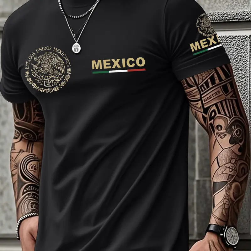 Men's Mexico Graphic Short Sleeve T-Shirt, Cotton Blend Stretch Crew Neck Tee with Mexico Letter and Emblem Print, Regular Fit Casual Summer Shirt for Daily Wear, Streetwear, Travel, Vacation, Outdoor, Weekend, Festival and Everyday Outfits