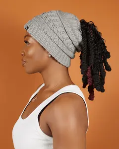 Grey Satin Lined Ponytail Beanie