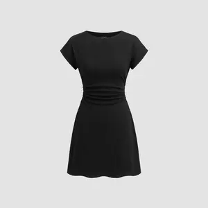 Cider Cotton-blend Round Neckline Ruched Mini Dress