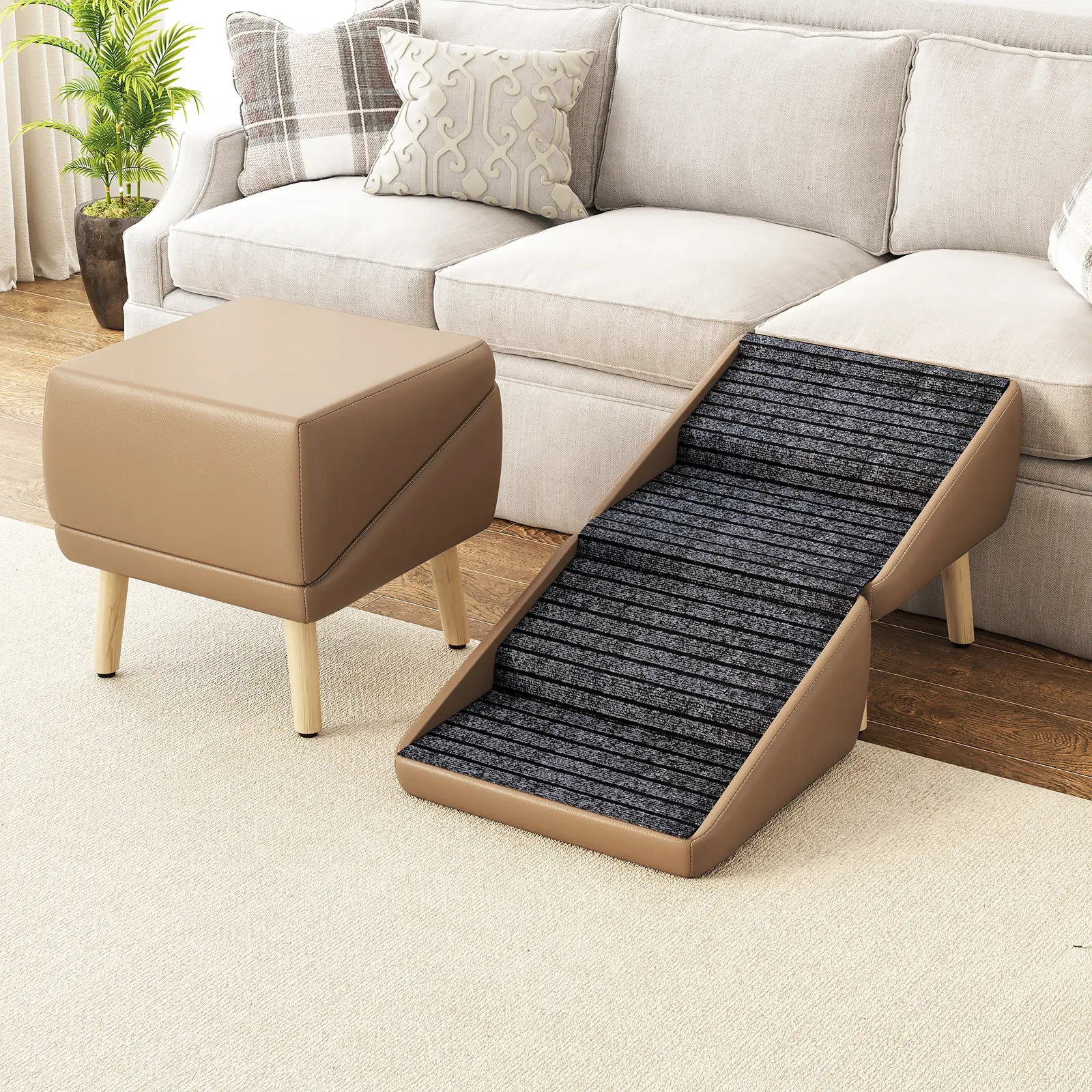 Dog Stairs for Small Dogs, 2-in-1 Pet Steps & Ottoman, Foldable Non-Slip Wooden Pet Stairs for Couch, Puppy Senior Injured Dogs, Coffee Color, Living Room Furniture, Living Room Furniture for Apartment, Lounge, Family Room, Sofa Couch Seating