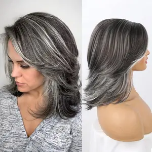 Dark Gray Ombre Layered Wigs with Curtain Bangs for Black Women Mixed Short Gray Highlight Wavy Layered Wig for White Women Black ang Grey Wavy Bob Hair for Daily Use