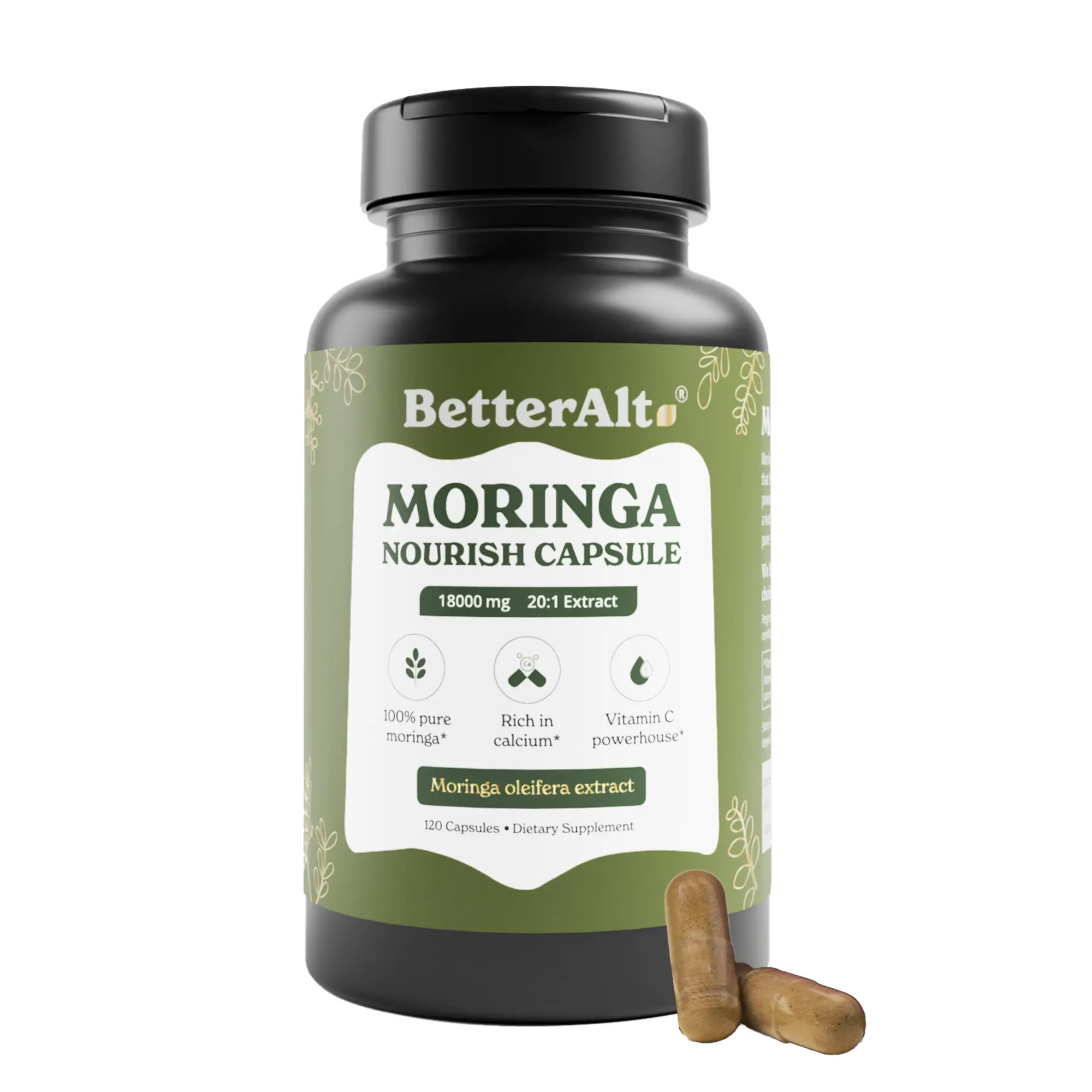 BetterAlt Flaca Moringa Capsules (900mg) | Calcium and Vitamin Powerhouse | Helps Boost Energy, Reduce Fatigue | Pure Oleifera Leaf Powder | 2-Month P