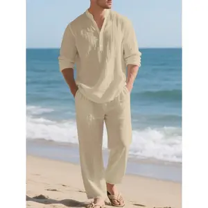 Men's High-Quality Linen Set, Beach Button Shirt & Casual Loose Pants, Spring Summer Wear, Comfortable Breathable Fabric Clothes