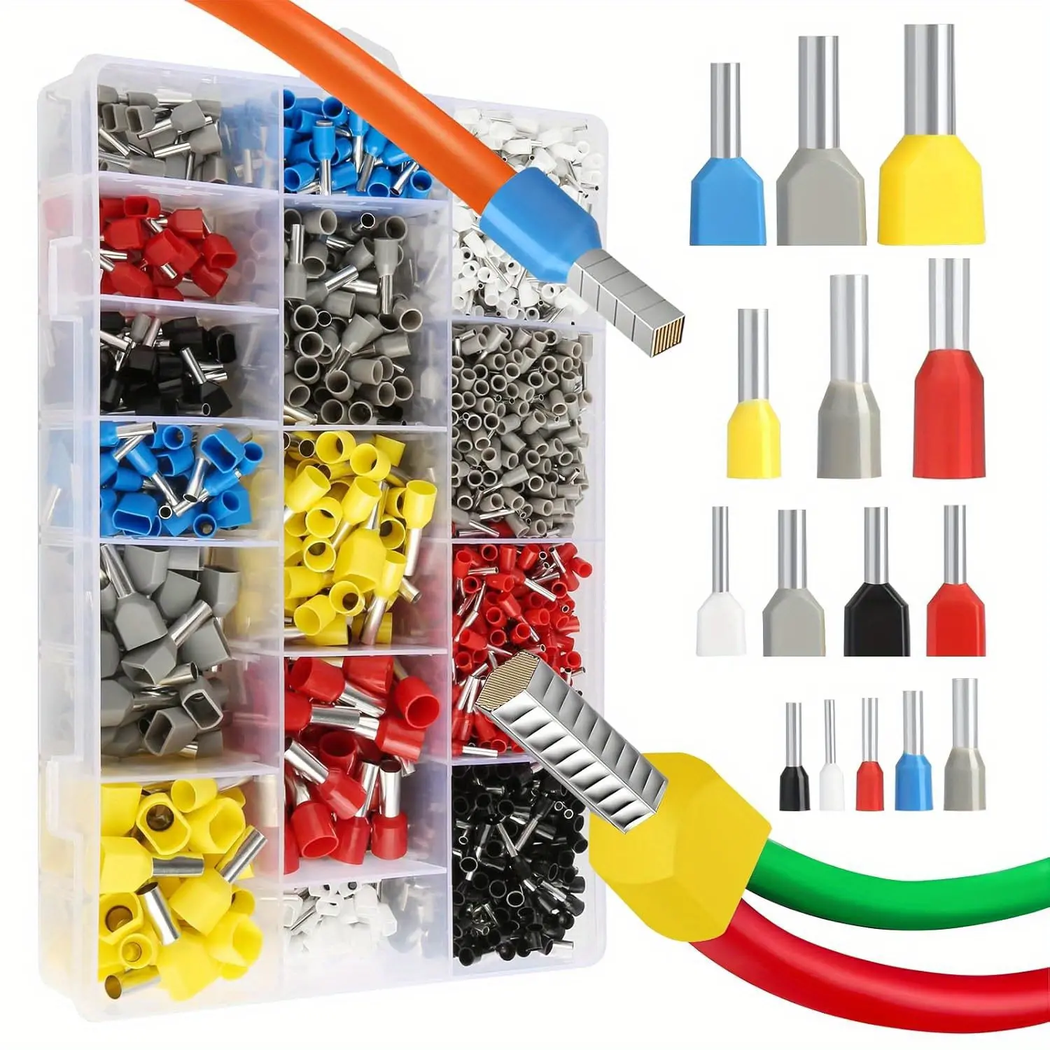 2000-Pcs Wire Ferrule Kit - Insulated Color-Coded Pin End Crimp Connectors of Various Sizes, Assortment Box for Electrical Projects, Household Appliances, Cabinets, Distribution Boxes, Electrician Home Supplies