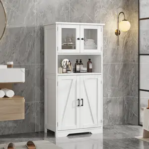 Kitchen Cupboard, Bathroom Storage Cabinet, Kitchen Pantry Cabinet with Glass Doors and Open Compartment, Freestanding Wooden Cupboard with Adjustable Shelf for Living Room, Dining Room