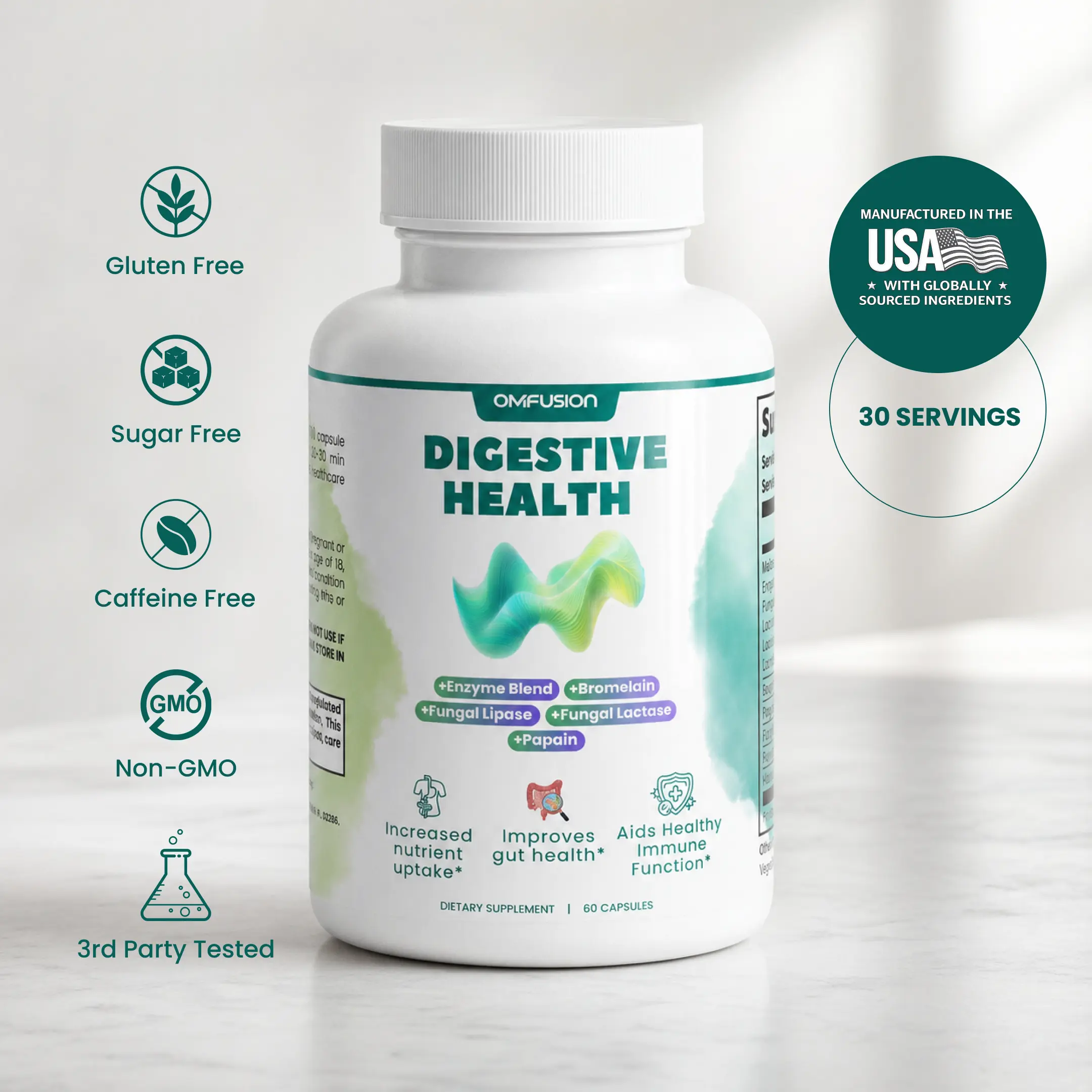 OM FUSION Digestive Health Enzyme Capsules with Protease, Bromelain, Lipase and Alpha Galactosidase