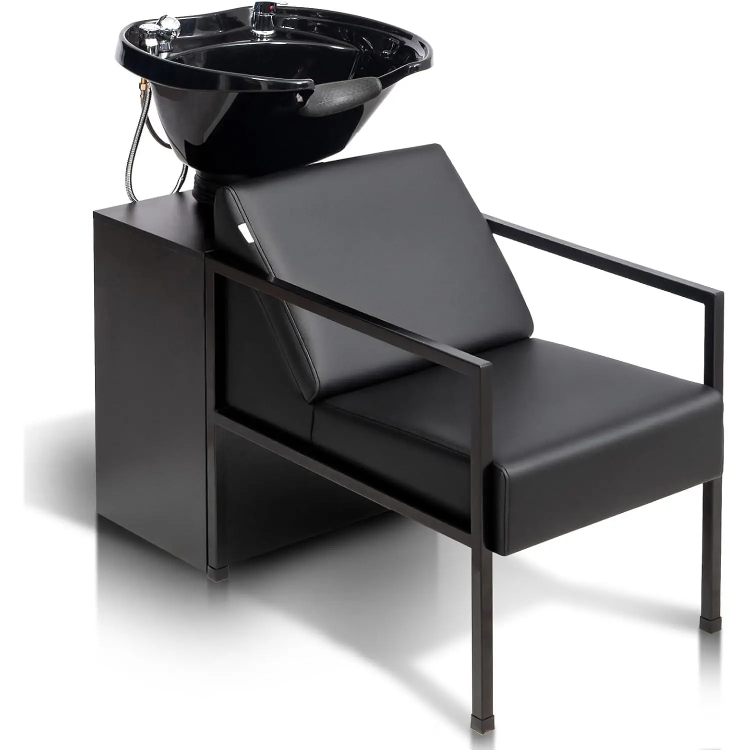 OmySalon Sturdy Metal Sit-Down Hairdressing Salon Furniture Set - Adjustable PU Leather Backwash Chair, Waterproof Hair Washing Bowl with Tilting Sink, Storage Cabinet, Dual Faucet, Wall/Floor Inlet & Drainage Pipe for Barbershop