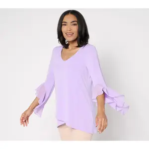 Susan Graver Regular Liquid Knit Tunic w/ Woven Ruffle Sleeves