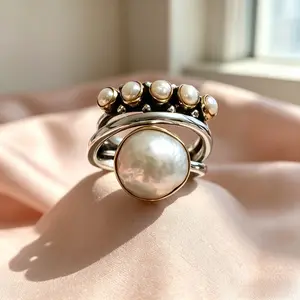 Gold Faux Pearl Stackable Ring| Retro Multi-Band Statement Ring| Perfect Wedding & Gift Jewelry