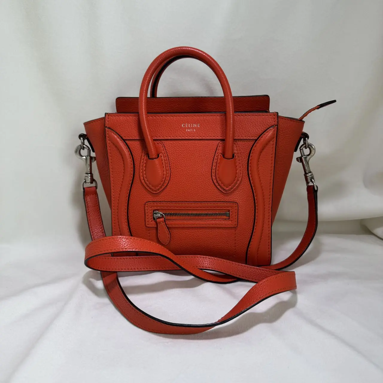 Pre-owned Celine Mini Luggage Crossbody Bag, Orange Grained Leather Monica