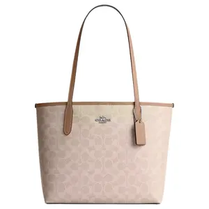 Coach City 26 Monogram Tote Bag with Silver Metal Carriage Logo in Coated Canvas for Women in Taupe