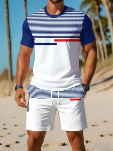 Men's Sporty Casual Set, Short Sleeve Tee with Striped Shorts, Breathable Quick-Dry Two-Piece, Fashion Trendy Style, Sportswear Set, Athleisure Sportswear Set