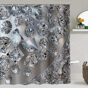 Creative Luxury Diamond Crystal Texture Shower Curtain Set, Silver Color, Includes 12 Plastic Hooks, Non-Slip Mat, Toilet Lid Pad, Decoration, Shower Essentials