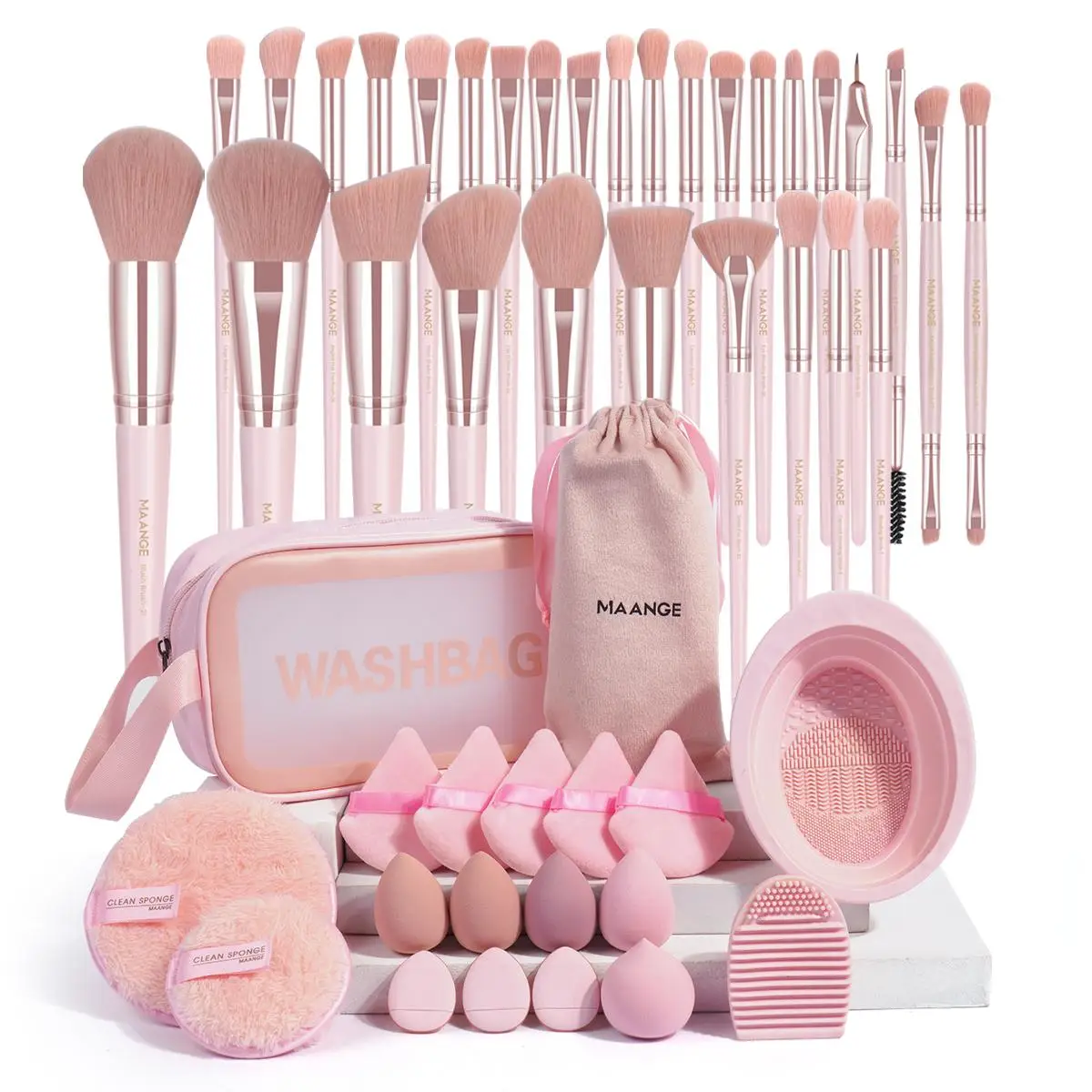 MAANGE Makeup Tool Set, 49pcs/set Makeup Tools with Storage Bag, Soft Brushes, Beauty Sponges, Powder Puffs, Face Wash Puffs, Brush Cleaner Mat & Bag,