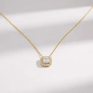 Emerald Cut Diamond necklace, Diamond Paved Necklace, Diamond Minimalistic necklace, Diamond Baguette necklace, Diamond Customized Necklace