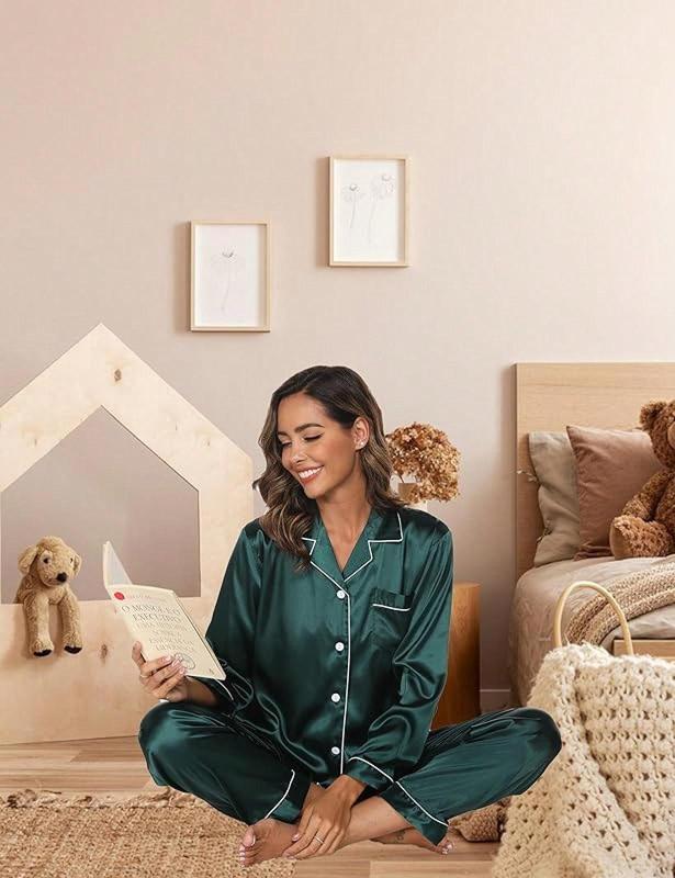 Silk Women Long Sleeve Button Down Sleepwear 2 Piece Loungewear Pjs Set Fall PjsHalloween Christmas New Year - Green