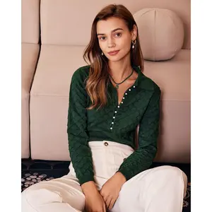 Rihoas Lady's Dark Green Lapel Cotton Knit Top - Long Sleeve, Fitted, Ribbed Texture, Slim 1-Piece Casual Basic Knitwear for Warmer Wear (Paired with Skirt Compatibility Note)
