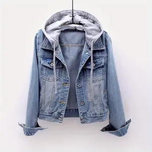 Women's Casual Denim Jacket, Long-sleeved Hooded Short Denim Coat with a detachable hood, suitable for spring and autumn as well as any occasion.（gift）