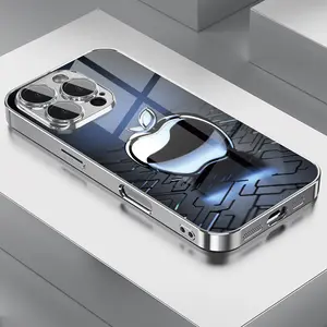 Blue Metal Texture Electroplated Reflective Apple Pattern Tempered Glass Phone Case, Suitable for iPhone 11, 12, 13, 14, 15, 16 Plus, Pro, and Pro Max