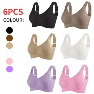 Women's 6-Pack Sporty Chic Wireless Push-Up V-Neck Bralette - Ribbed, Breathable, Soft Seamless Full Coverage Underwear with Adjustable Wide Straps for Daily Casual, Gym Wear, inlyric woman